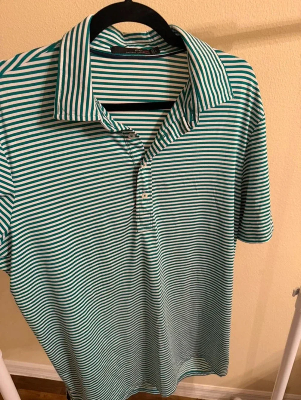 RLX Ralph Lauren Men's Green & White Striped Golf Polo Shirt (Size Large)